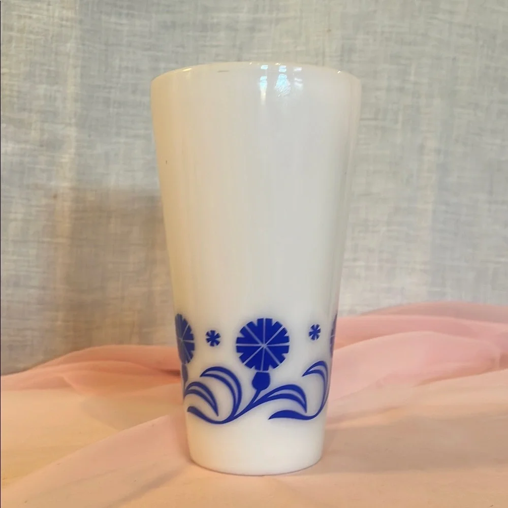 Vintage hazel atlas Blue Floral Milk Glass Tumbler